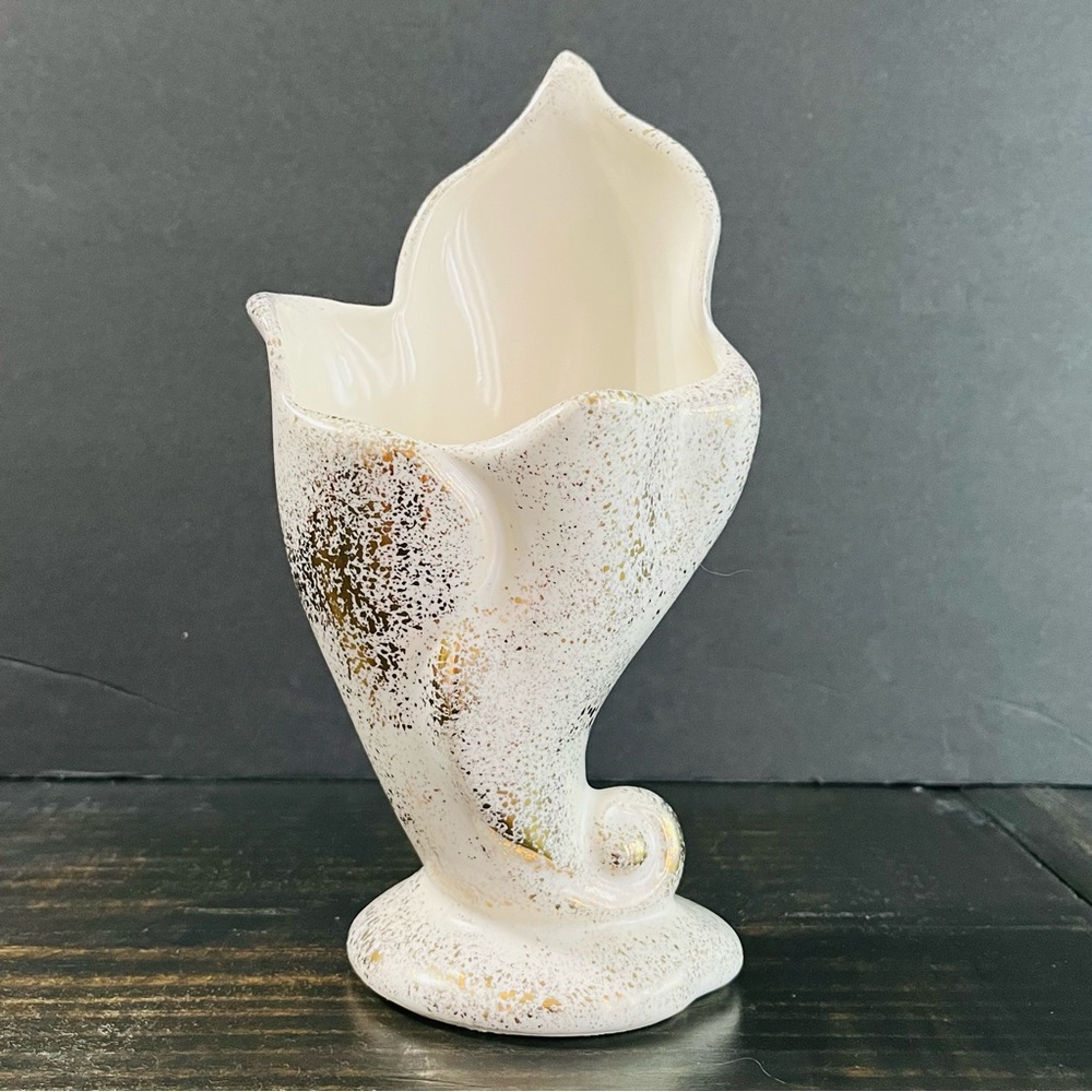 Vintage MCM American Bisque 8.25" White Glossy Vase w/ Gold Spatter  USA Marked